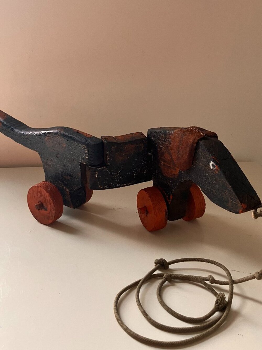 Antique Dachshund Folk Art Wood Pull Toy - Articulated - 1920's - 1930's